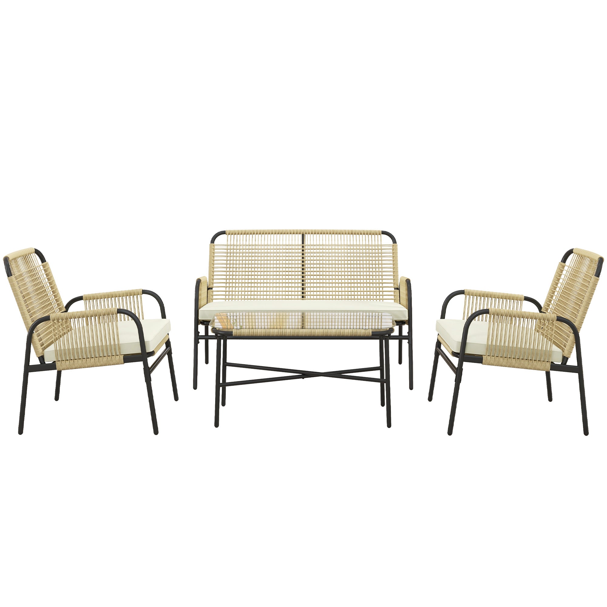 Synthetic Rattan Garden Set 4 Piece Outdoor Furniture Set with 2 Armchairs 1 Double Sofa 1 Glass Top Coffee Table with Cushions for Outdoor Natural and Black
