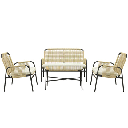 Synthetic Rattan Garden Set 4 Piece Outdoor Furniture Set with 2 Armchairs 1 Double Sofa 1 Glass Top Coffee Table with Cushions for Outdoor Natural and Black