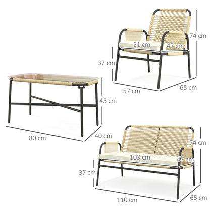 Synthetic Rattan Garden Set 4 Piece Outdoor Furniture Set with 2 Armchairs 1 Double Sofa 1 Glass Top Coffee Table with Cushions for Outdoor Natural and Black