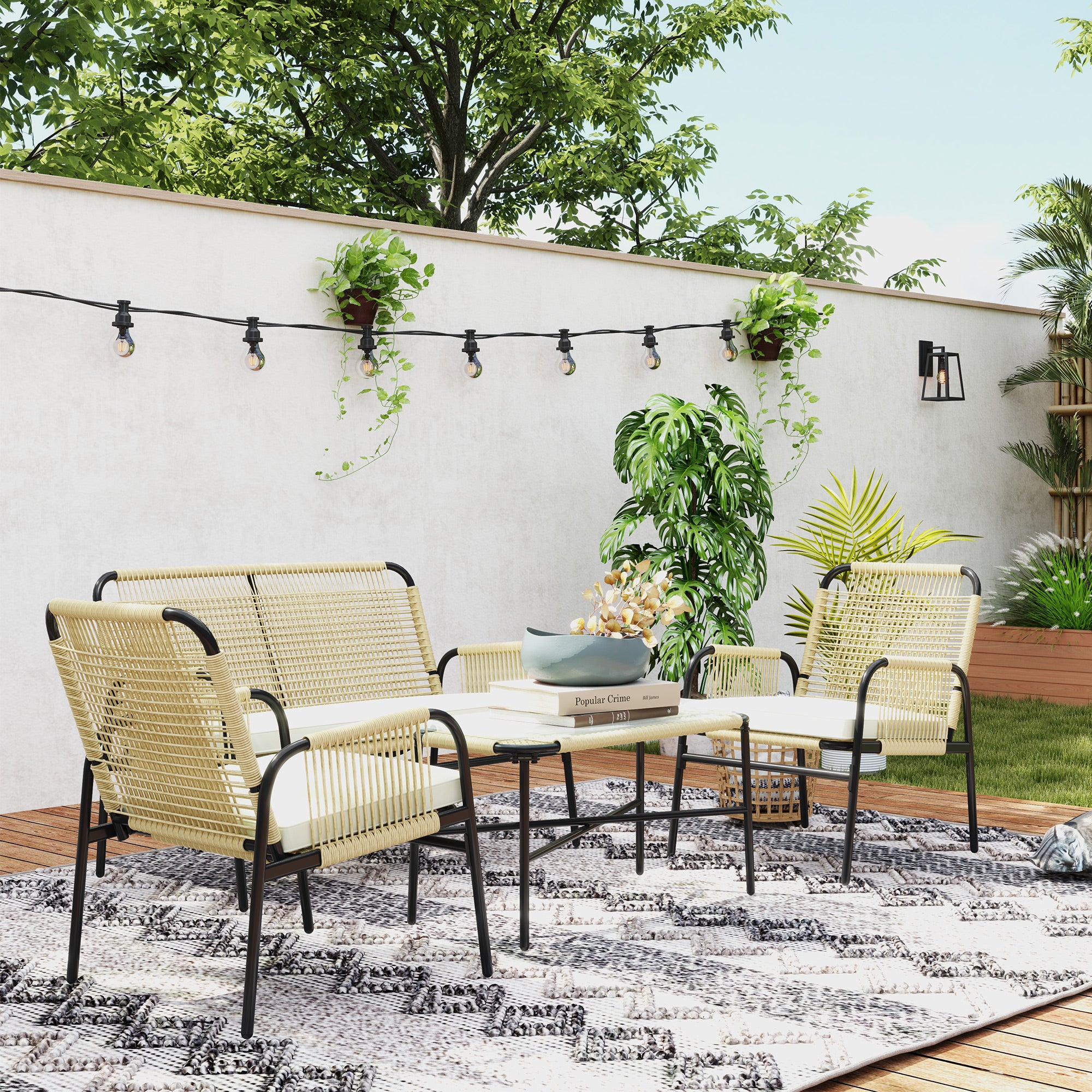 Synthetic Rattan Garden Set 4 Piece Outdoor Furniture Set with 2 Armchairs 1 Double Sofa 1 Glass Top Coffee Table with Cushions for Outdoor Natural and Black