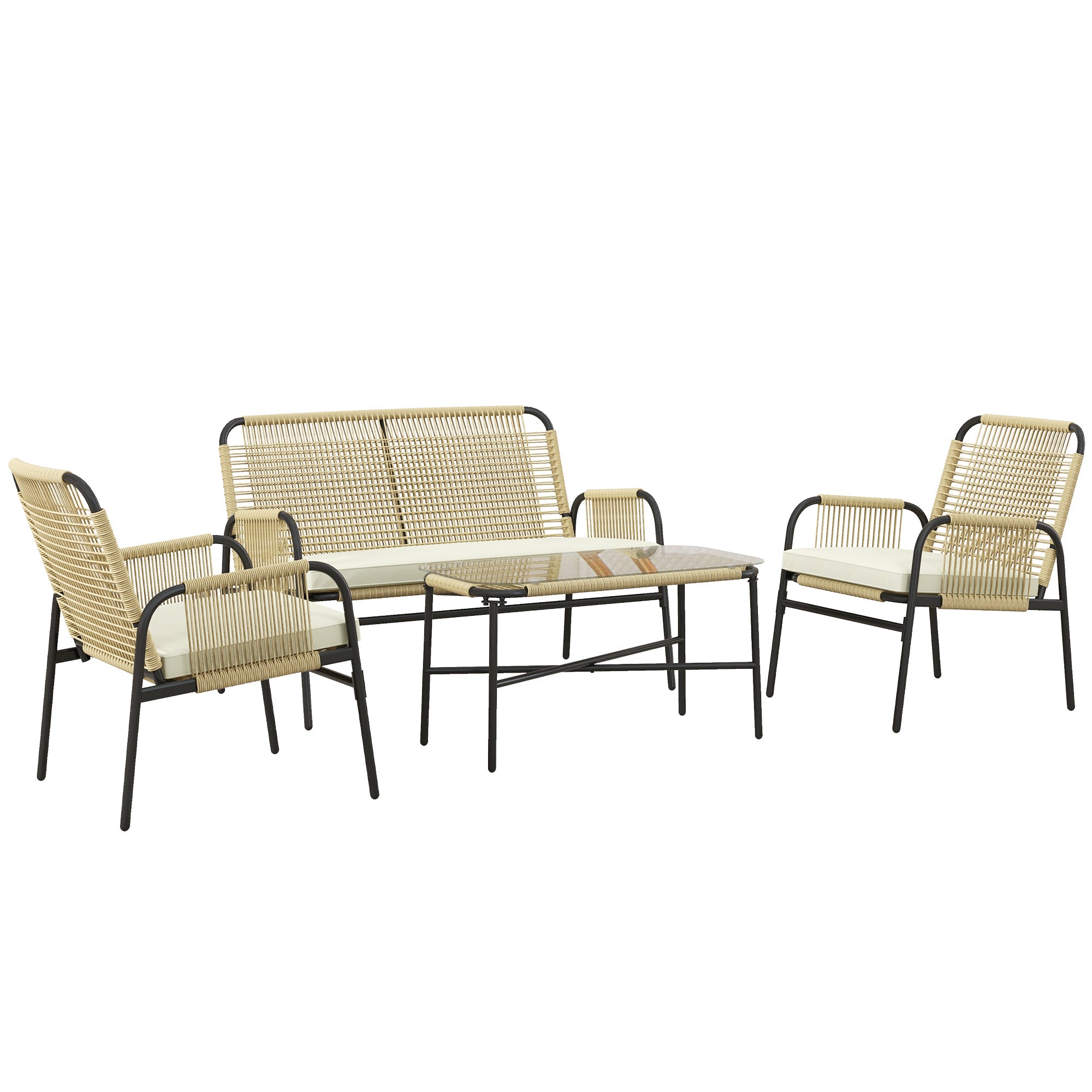 Synthetic Rattan Garden Set 4 Piece Outdoor Furniture Set with 2 Armchairs 1 Double Sofa 1 Glass Top Coffee Table with Cushions for Outdoor Natural and Black