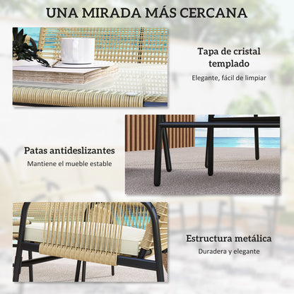 Synthetic Rattan Garden Set 4 Piece Outdoor Furniture Set with 2 Armchairs 1 Double Sofa 1 Glass Top Coffee Table with Cushions for Outdoor Natural and Black