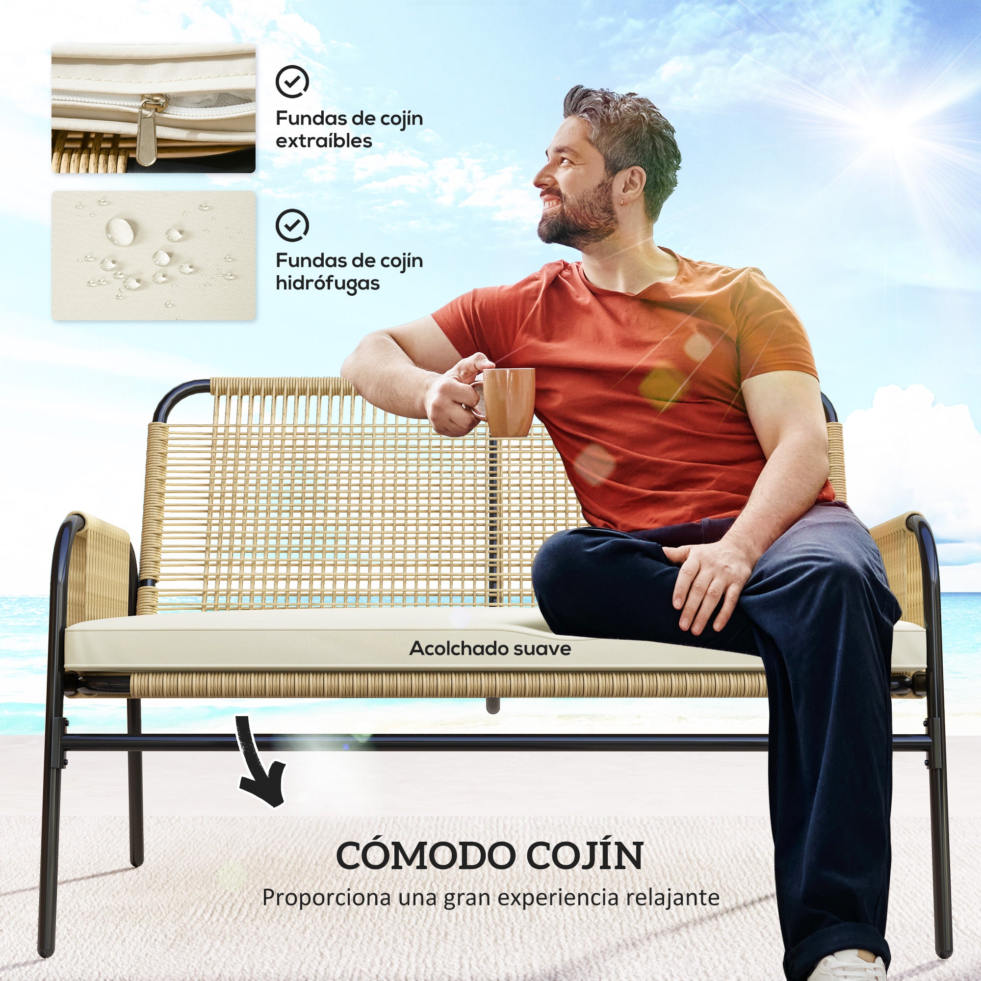 Synthetic Rattan Garden Set 4 Piece Outdoor Furniture Set with 2 Armchairs 1 Double Sofa 1 Glass Top Coffee Table with Cushions for Outdoor Natural and Black