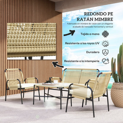 Synthetic Rattan Garden Set 4 Piece Outdoor Furniture Set with 2 Armchairs 1 Double Sofa 1 Glass Top Coffee Table with Cushions for Outdoor Natural and Black