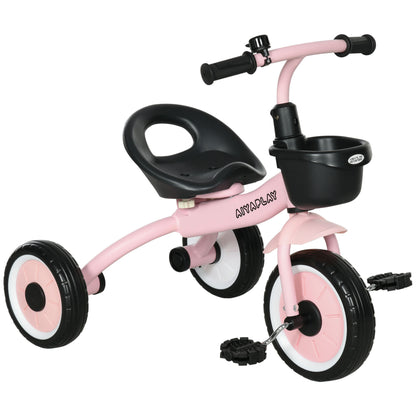 Tricycle, Kids Bike with Adjustable Seat, Balance Bike with Bike Basket, Bell, Pedal Bike for Children 2-5 Years, Metal, Pink