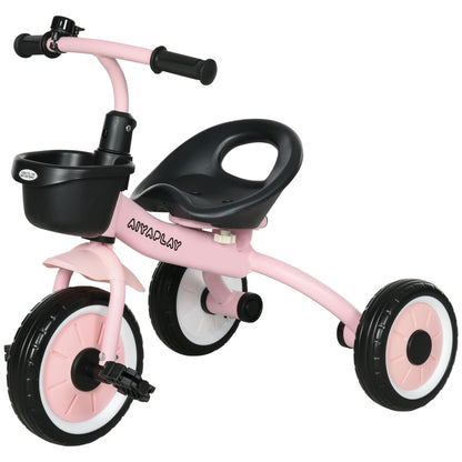 Tricycle, Kids Bike with Adjustable Seat, Balance Bike with Bike Basket, Bell, Pedal Bike for Children 2-5 Years, Metal, Pink