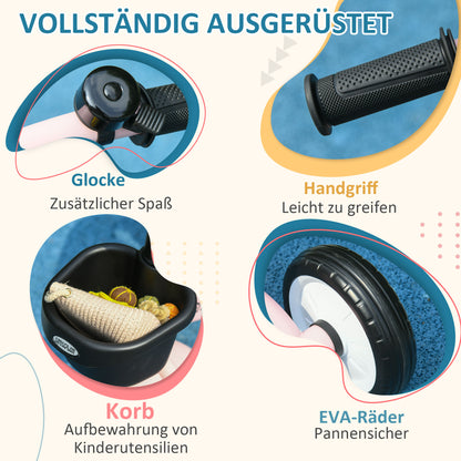 Tricycle, Kids Bike with Adjustable Seat, Balance Bike with Bike Basket, Bell, Pedal Bike for Children 2-5 Years, Metal, Pink