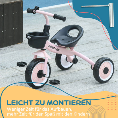 Tricycle, Kids Bike with Adjustable Seat, Balance Bike with Bike Basket, Bell, Pedal Bike for Children 2-5 Years, Metal, Pink