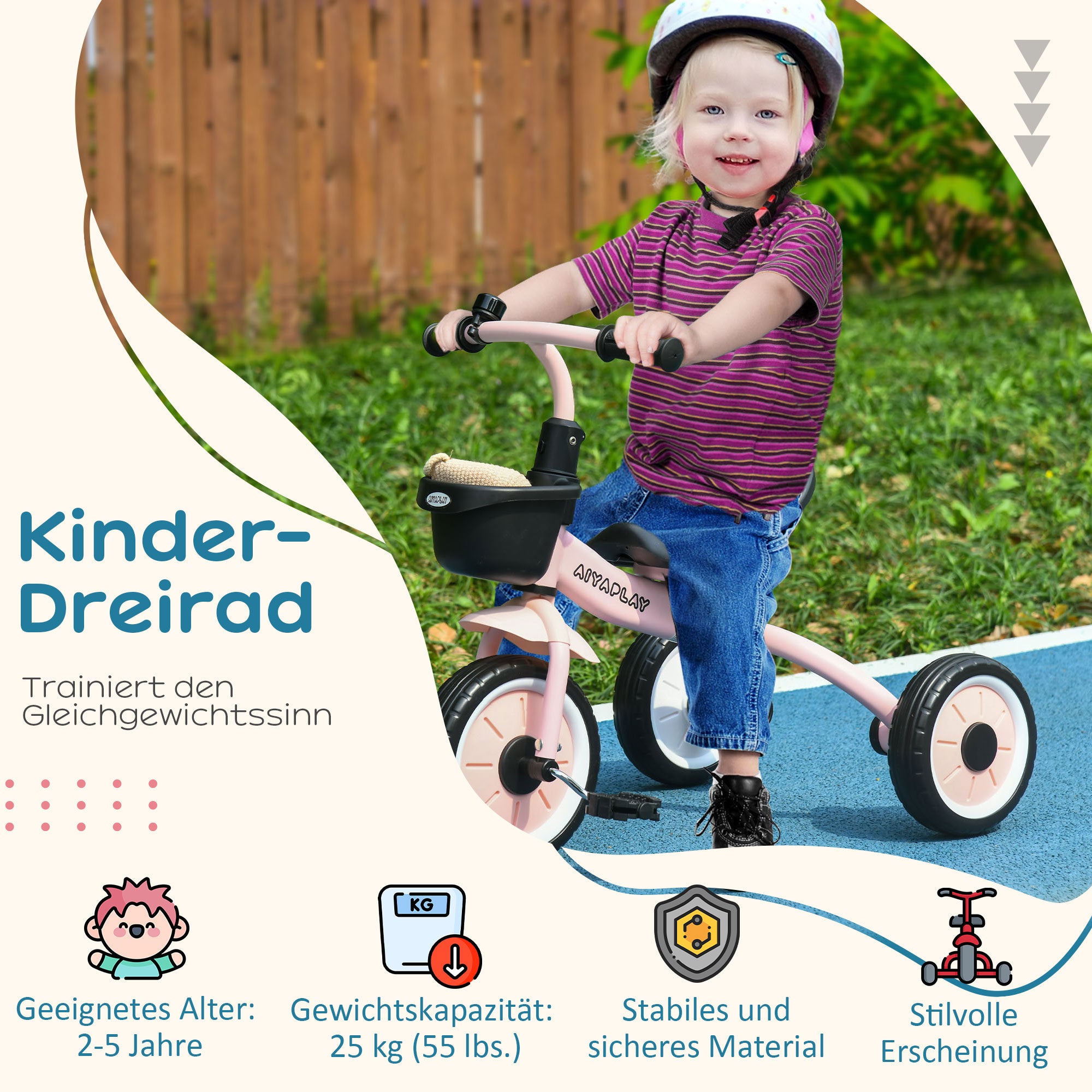 Tricycle, Kids Bike with Adjustable Seat, Balance Bike with Bike Basket, Bell, Pedal Bike for Children 2-5 Years, Metal, Pink