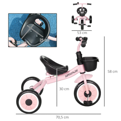 Tricycle, Kids Bike with Adjustable Seat, Balance Bike with Bike Basket, Bell, Pedal Bike for Children 2-5 Years, Metal, Pink