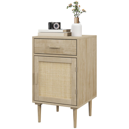 Bedside Table Side Table with Woven Rattan Door Cupboard and Shelf + 1 Drawer Bohemian Design - 40 x 40 x 68.5 cm Natural