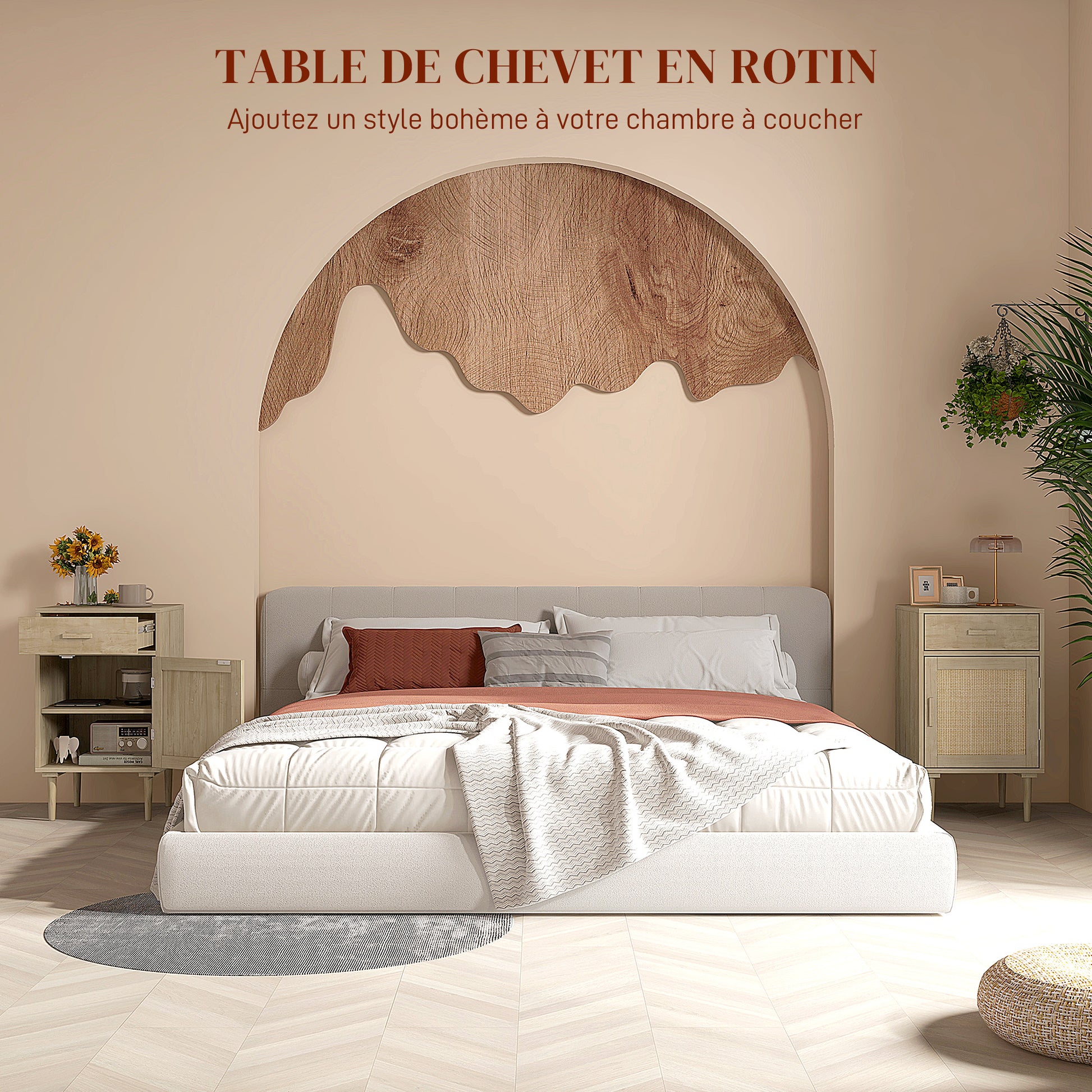 Bedside Table Side Table with Woven Rattan Door Cupboard and Shelf + 1 Drawer Bohemian Design - 40 x 40 x 68.5 cm Natural