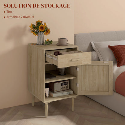 Bedside Table Side Table with Woven Rattan Door Cupboard and Shelf + 1 Drawer Bohemian Design - 40 x 40 x 68.5 cm Natural
