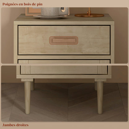 Bedside Table Side Table with Woven Rattan Door Cupboard and Shelf + 1 Drawer Bohemian Design - 40 x 40 x 68.5 cm Natural