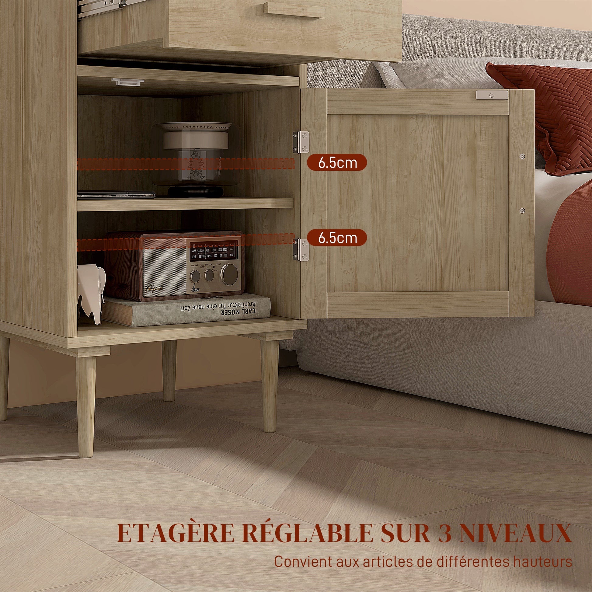Bedside Table Side Table with Woven Rattan Door Cupboard and Shelf + 1 Drawer Bohemian Design - 40 x 40 x 68.5 cm Natural