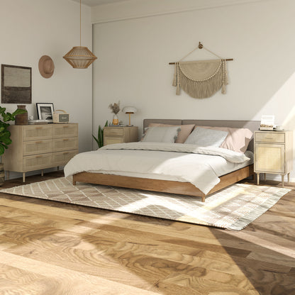 Bedside Table Side Table with Woven Rattan Door Cupboard and Shelf + 1 Drawer Bohemian Design - 40 x 40 x 68.5 cm Natural