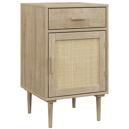 Bedside Table Side Table with Woven Rattan Door Cupboard and Shelf + 1 Drawer Bohemian Design - 40 x 40 x 68.5 cm Natural