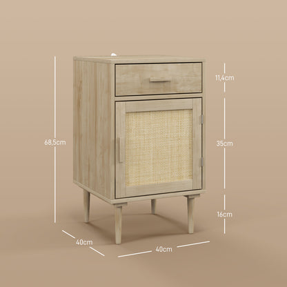 Bedside Table Side Table with Woven Rattan Door Cupboard and Shelf + 1 Drawer Bohemian Design - 40 x 40 x 68.5 cm Natural