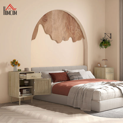 Bedside Table Side Table with Woven Rattan Door Cupboard and Shelf + 1 Drawer Bohemian Design - 40 x 40 x 68.5 cm Natural