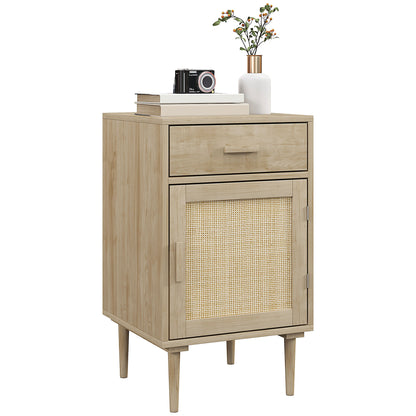 Bedside Table Side Table with Woven Rattan Door Cupboard and Shelf + 1 Drawer Bohemian Design - 40 x 40 x 68.5 cm Natural