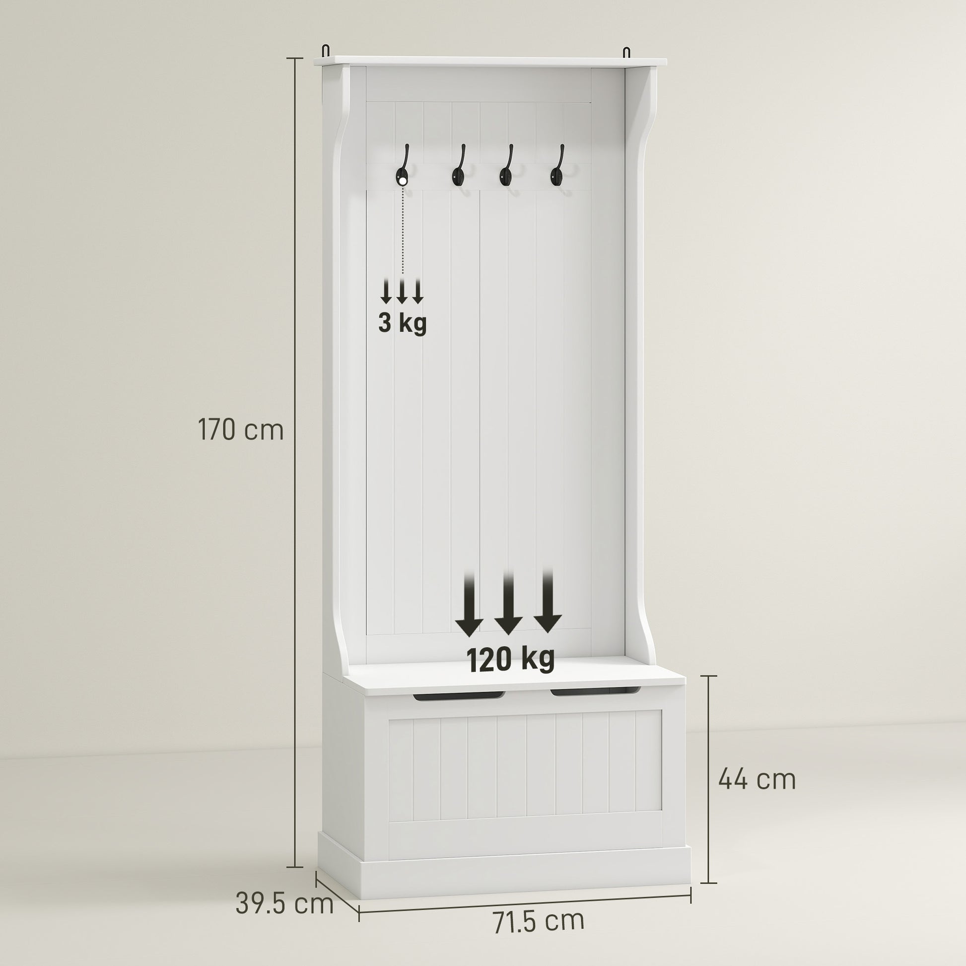 Modern 3-in-1 Freestanding Coat Rack with 4 Hooks, Storage Bench, and Coat Hanger, Space-Saving Entryway, Hallway, Bedroom Furniture in Wood, 71.5x39.5x170 cm, White