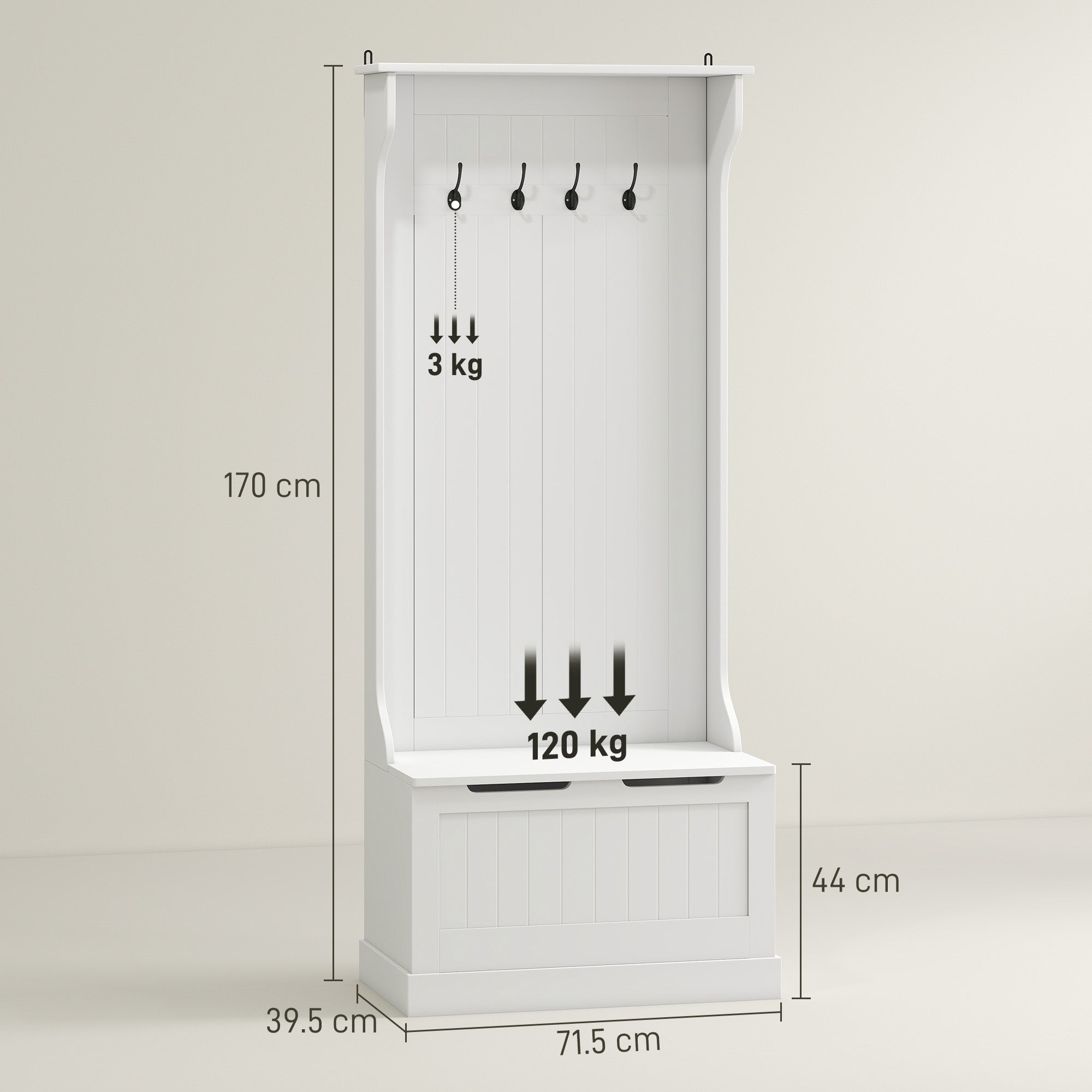 Modern 3-in-1 Freestanding Coat Rack with 4 Hooks, Storage Bench, and Coat Hanger, Space-Saving Entryway, Hallway, Bedroom Furniture in Wood, 71.5x39.5x170 cm, White