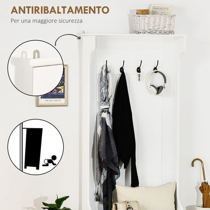 Modern 3-in-1 Freestanding Coat Rack with 4 Hooks, Storage Bench, and Coat Hanger, Space-Saving Entryway, Hallway, Bedroom Furniture in Wood, 71.5x39.5x170 cm, White