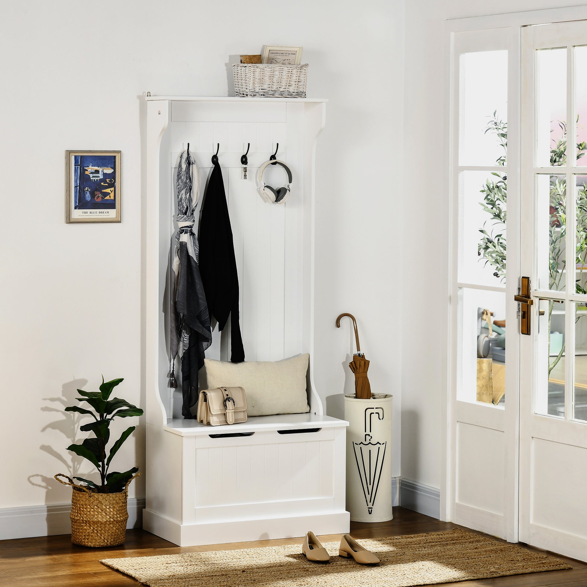 Modern 3-in-1 Freestanding Coat Rack with 4 Hooks, Storage Bench, and Coat Hanger, Space-Saving Entryway, Hallway, Bedroom Furniture in Wood, 71.5x39.5x170 cm, White