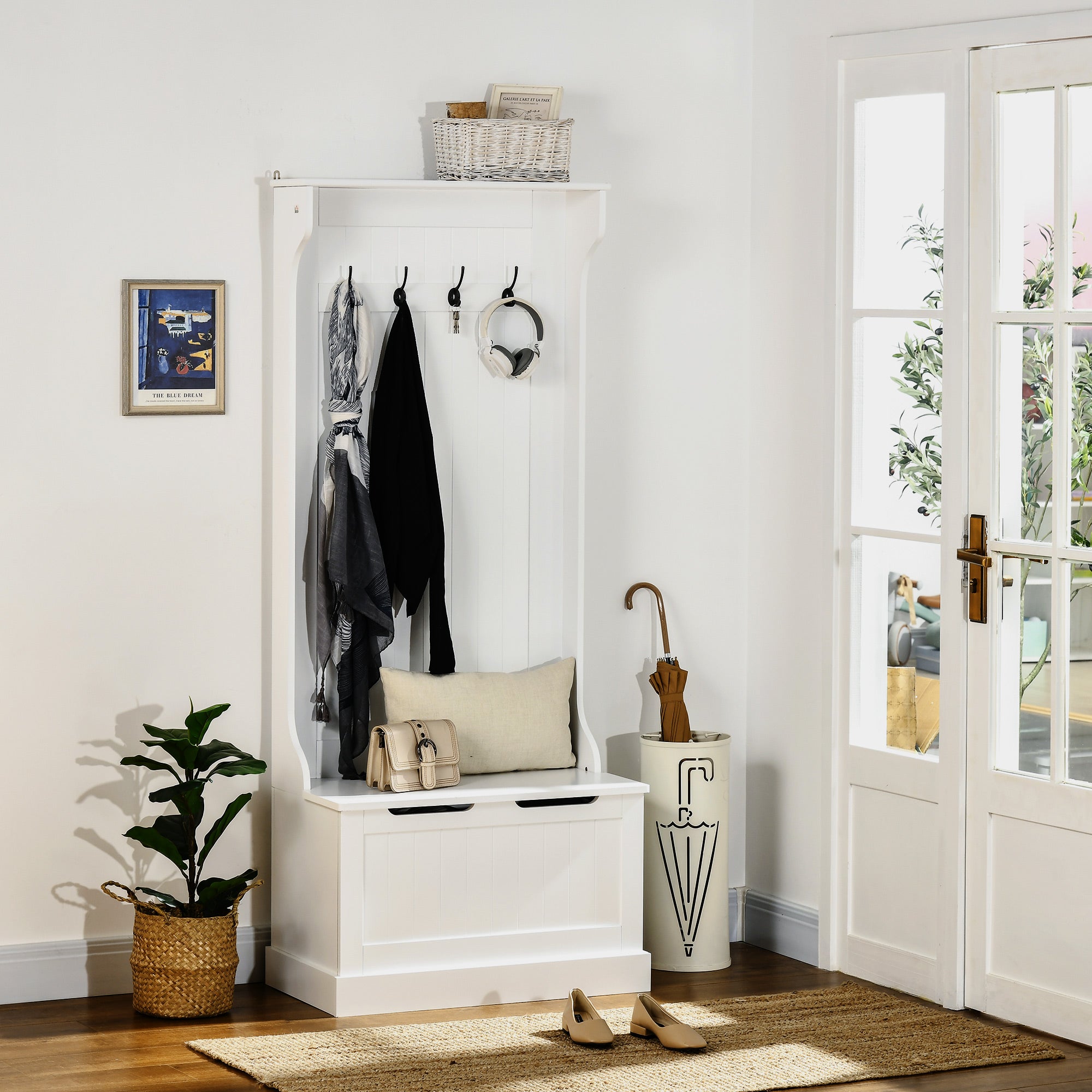 Modern 3-in-1 Freestanding Coat Rack with 4 Hooks, Storage Bench, and Coat Hanger, Space-Saving Entryway, Hallway, Bedroom Furniture in Wood, 71.5x39.5x170 cm, White