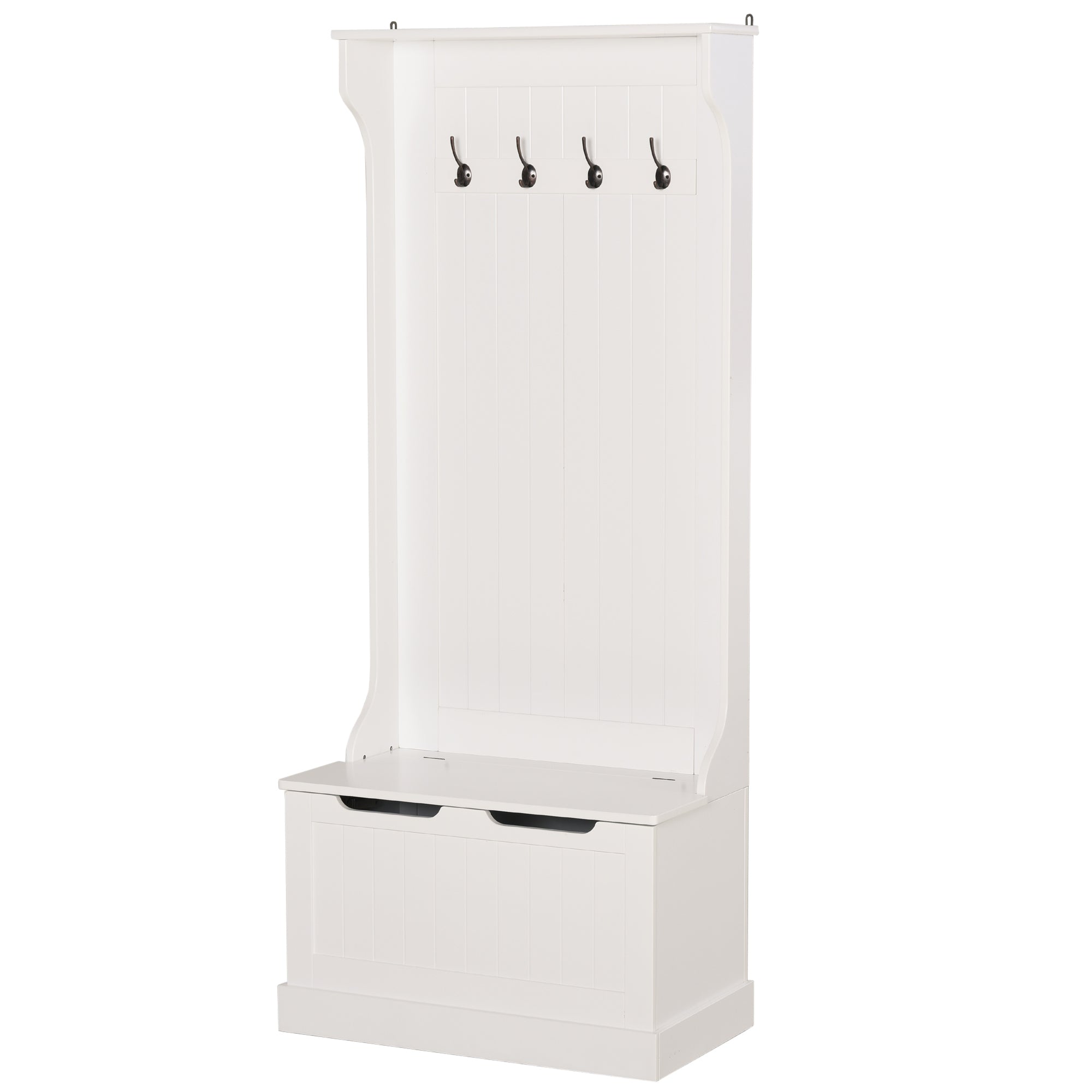 Modern 3-in-1 Freestanding Coat Rack with 4 Hooks, Storage Bench, and Coat Hanger, Space-Saving Entryway, Hallway, Bedroom Furniture in Wood, 71.5x39.5x170 cm, White
