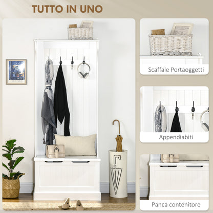 Modern 3-in-1 Freestanding Coat Rack with 4 Hooks, Storage Bench, and Coat Hanger, Space-Saving Entryway, Hallway, Bedroom Furniture in Wood, 71.5x39.5x170 cm, White