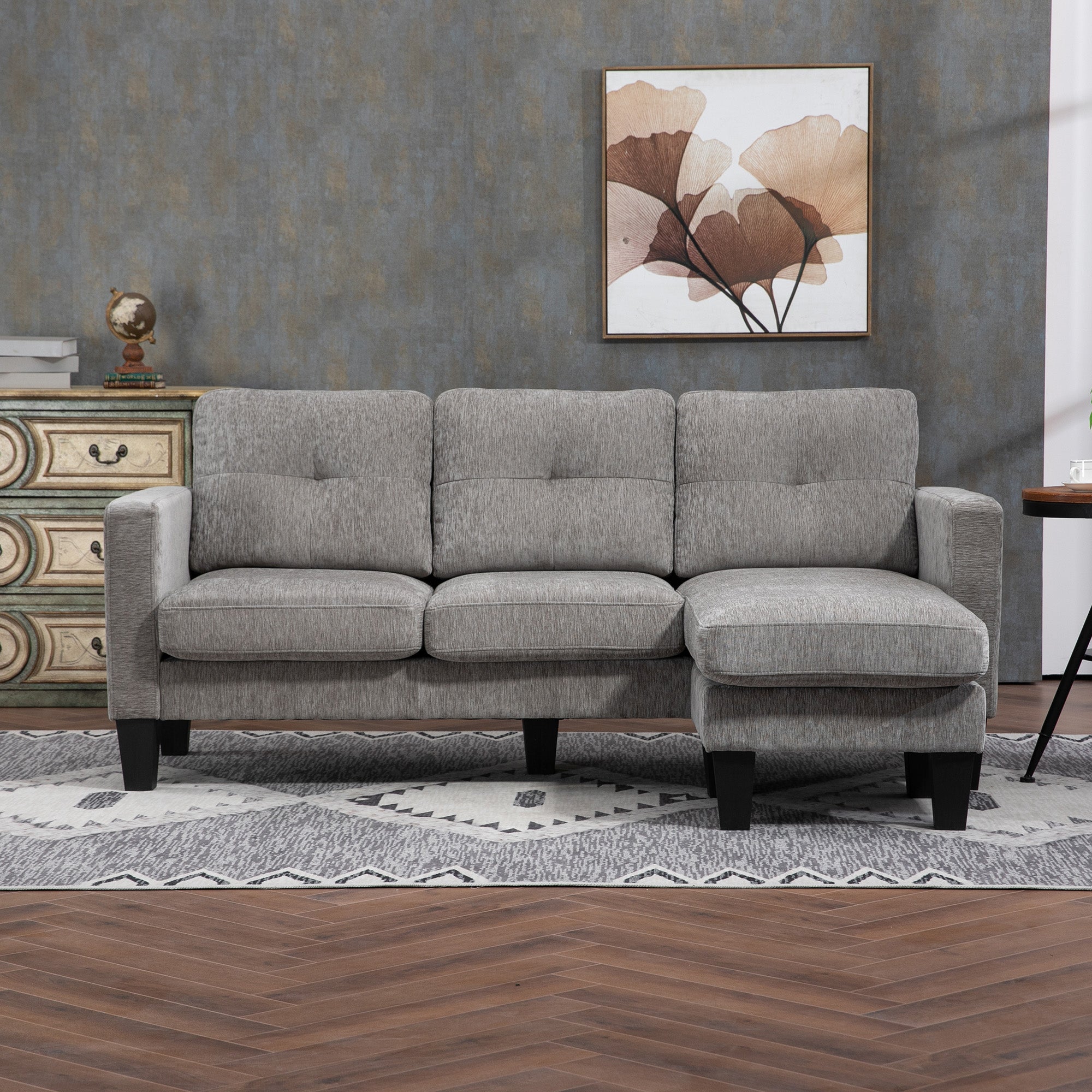 Corner Sofa L-Shaped Sofa Upholstered in Polyester Reversible Chaise Longue with 3 Cushions for Living Room Load 180 kg 186x130x84 cm Brown Taupe