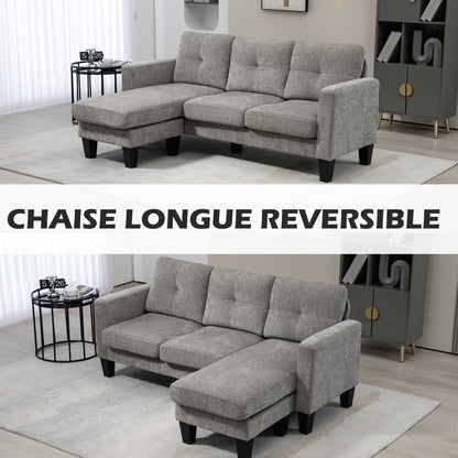 Corner Sofa L-Shaped Sofa Upholstered in Polyester Reversible Chaise Longue with 3 Cushions for Living Room Load 180 kg 186x130x84 cm Brown Taupe