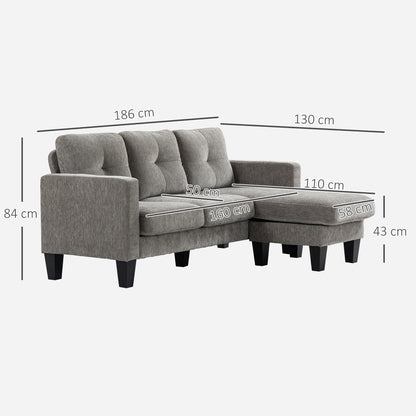 Corner Sofa L-Shaped Sofa Upholstered in Polyester Reversible Chaise Longue with 3 Cushions for Living Room Load 180 kg 186x130x84 cm Brown Taupe