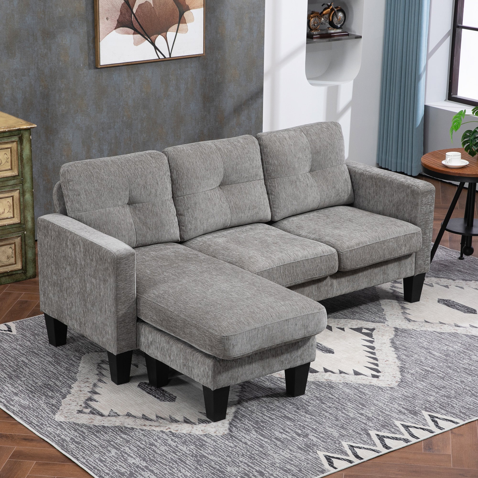 Corner Sofa L-Shaped Sofa Upholstered in Polyester Reversible Chaise Longue with 3 Cushions for Living Room Load 180 kg 186x130x84 cm Brown Taupe