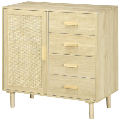 Rattan Buffet Storage Cabinet with Cane Door Cupboards and 4 Drawers, Dining Room, Living Room, Bedroom, 80 x 38 x 80.5 cm, Natural Wood Effect