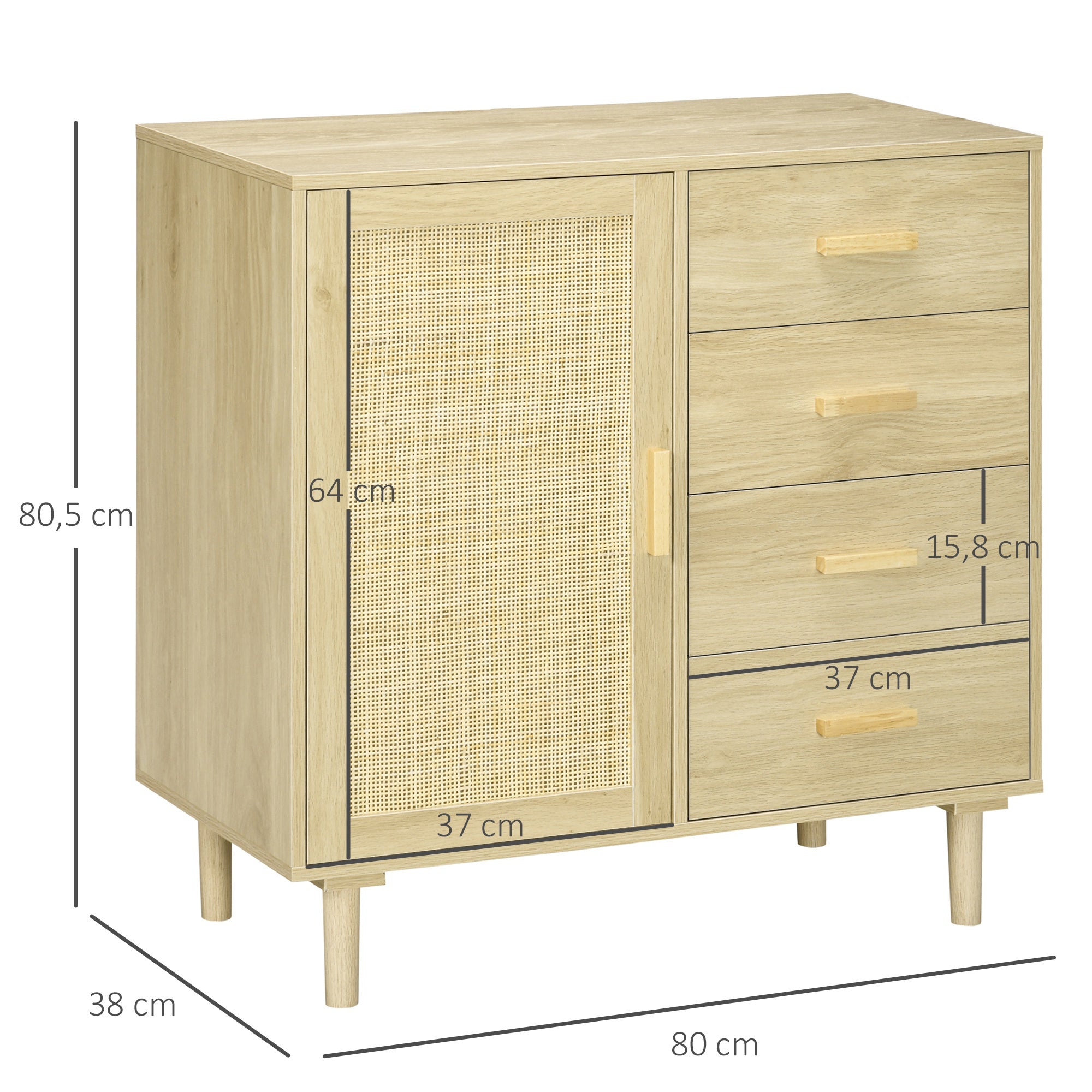 Rattan Buffet Storage Cabinet with Cane Door Cupboards and 4 Drawers, Dining Room, Living Room, Bedroom, 80 x 38 x 80.5 cm, Natural Wood Effect