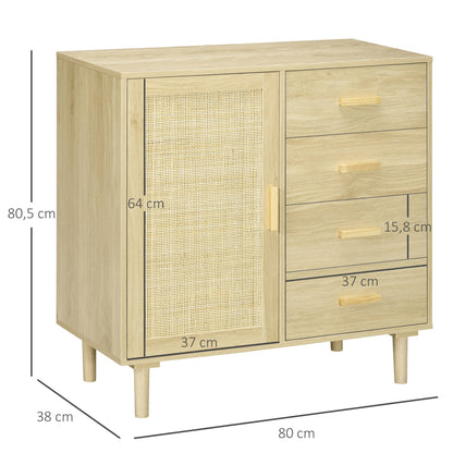 Rattan Buffet Storage Cabinet with Cane Door Cupboards and 4 Drawers, Dining Room, Living Room, Bedroom, 80 x 38 x 80.5 cm, Natural Wood Effect