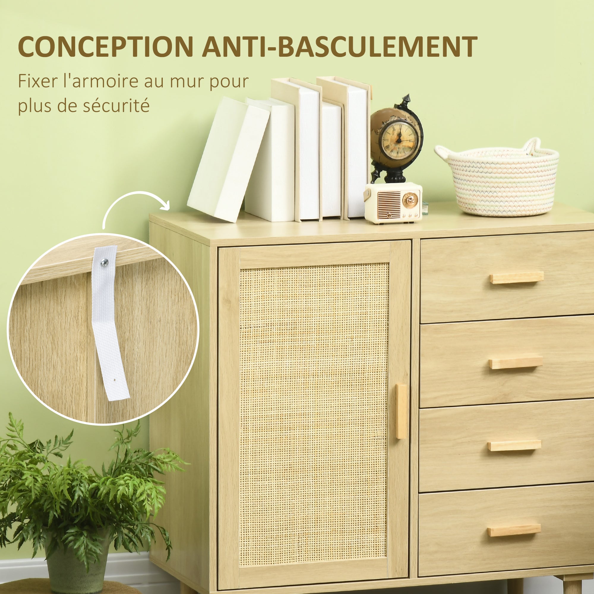 Rattan Buffet Storage Cabinet with Cane Door Cupboards and 4 Drawers, Dining Room, Living Room, Bedroom, 80 x 38 x 80.5 cm, Natural Wood Effect
