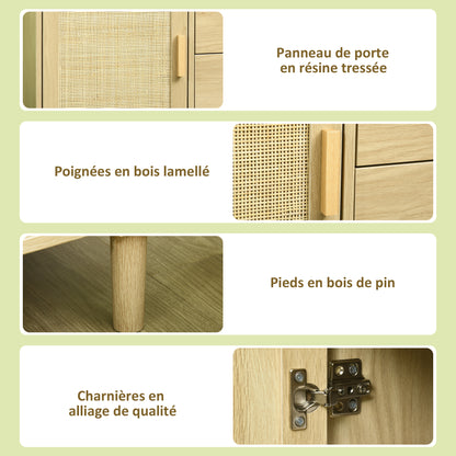 Rattan Buffet Storage Cabinet with Cane Door Cupboards and 4 Drawers, Dining Room, Living Room, Bedroom, 80 x 38 x 80.5 cm, Natural Wood Effect