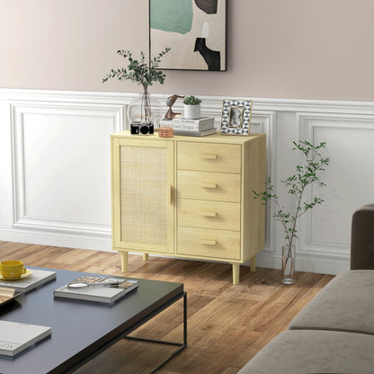 Rattan Buffet Storage Cabinet with Cane Door Cupboards and 4 Drawers, Dining Room, Living Room, Bedroom, 80 x 38 x 80.5 cm, Natural Wood Effect