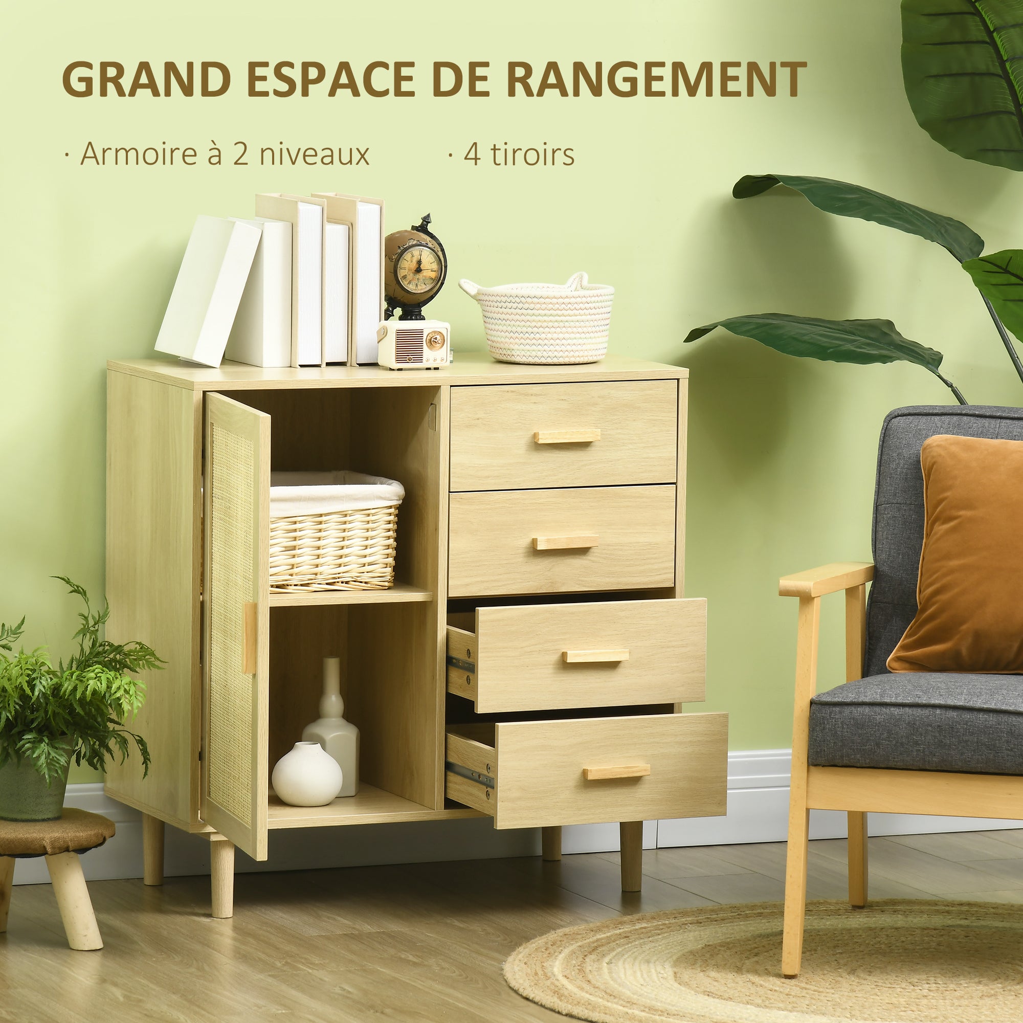Rattan Buffet Storage Cabinet with Cane Door Cupboards and 4 Drawers, Dining Room, Living Room, Bedroom, 80 x 38 x 80.5 cm, Natural Wood Effect