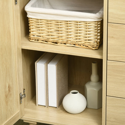 Rattan Buffet Storage Cabinet with Cane Door Cupboards and 4 Drawers, Dining Room, Living Room, Bedroom, 80 x 38 x 80.5 cm, Natural Wood Effect