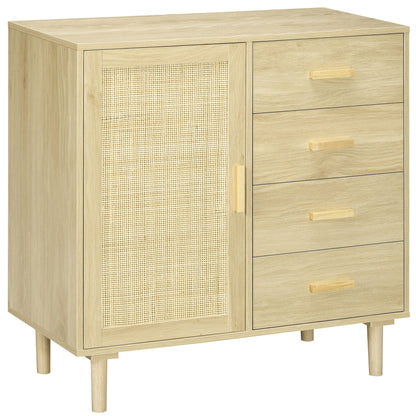 Rattan Buffet Storage Cabinet with Cane Door Cupboards and 4 Drawers, Dining Room, Living Room, Bedroom, 80 x 38 x 80.5 cm, Natural Wood Effect