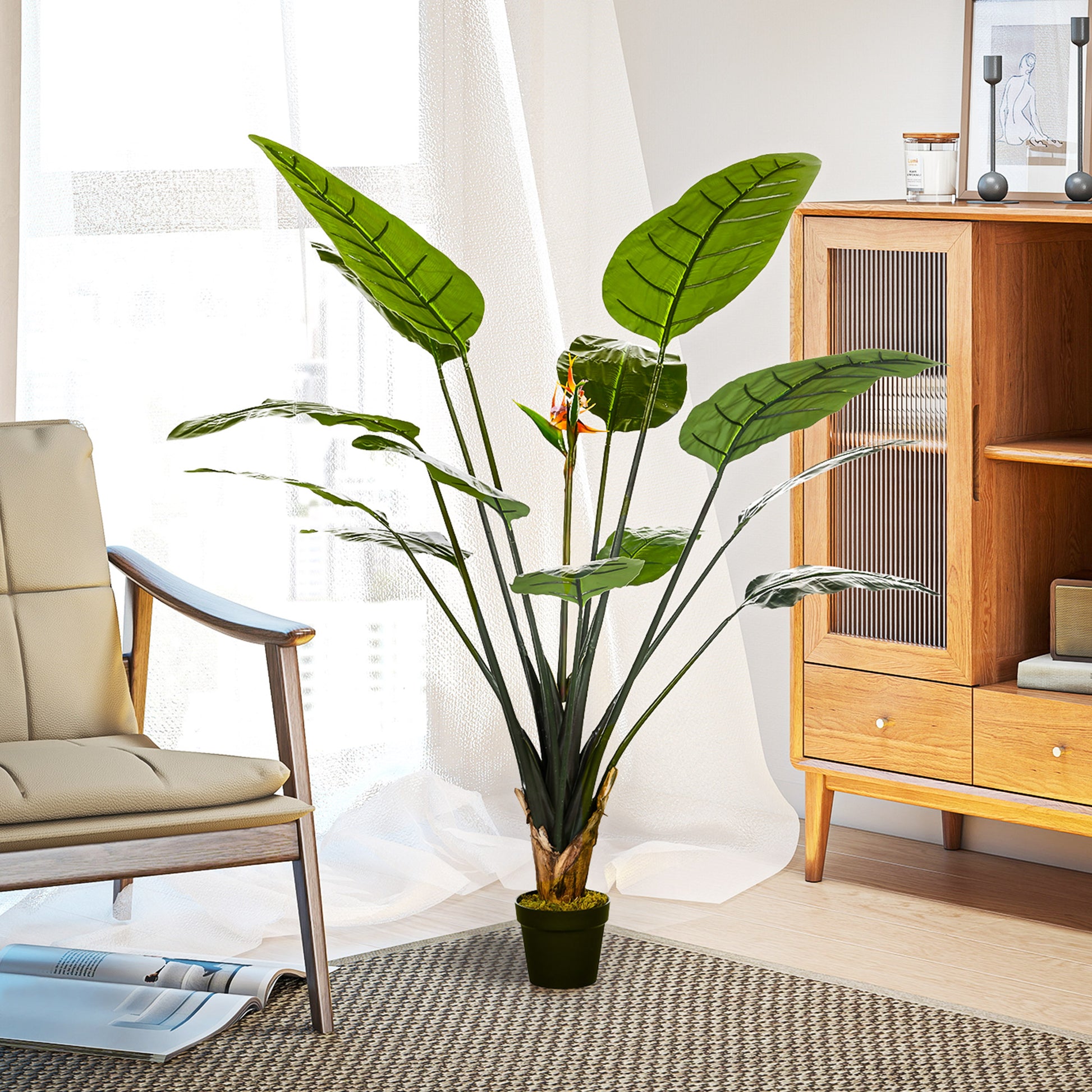Artificial Bird of Paradise Strelitzia Plant Height 1.80 m - 13 Leaves and 2 Flowers High Realism Pot Included