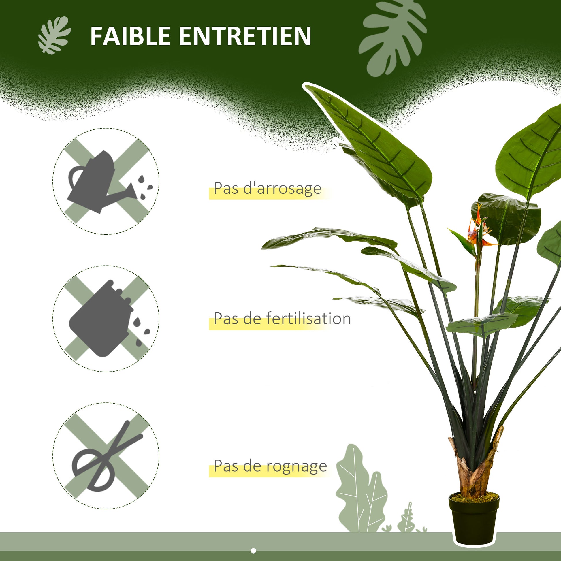 Artificial Bird of Paradise Strelitzia Plant Height 1.80 m - 13 Leaves and 2 Flowers High Realism Pot Included