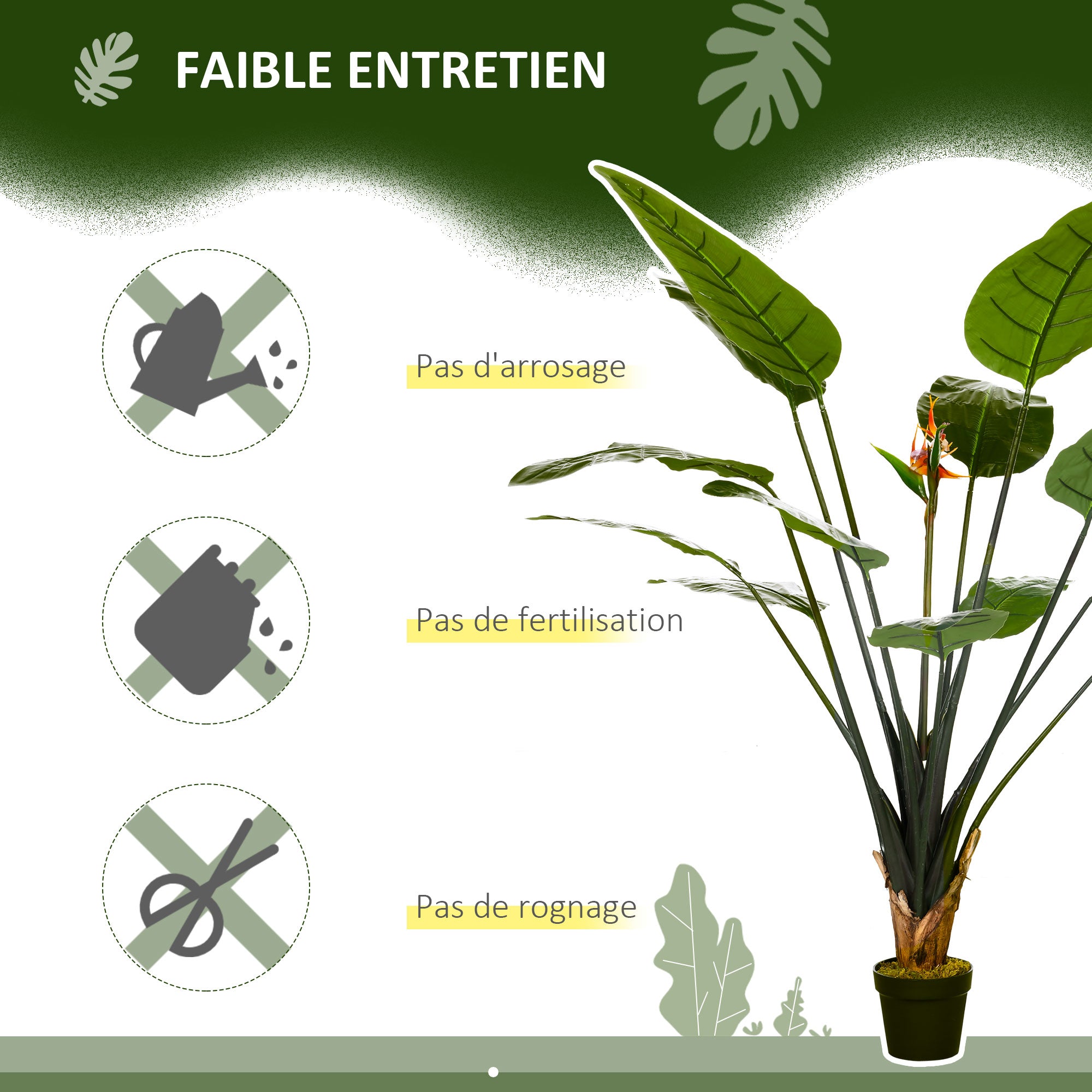 Artificial Bird of Paradise Strelitzia Plant Height 1.80 m - 13 Leaves and 2 Flowers High Realism Pot Included