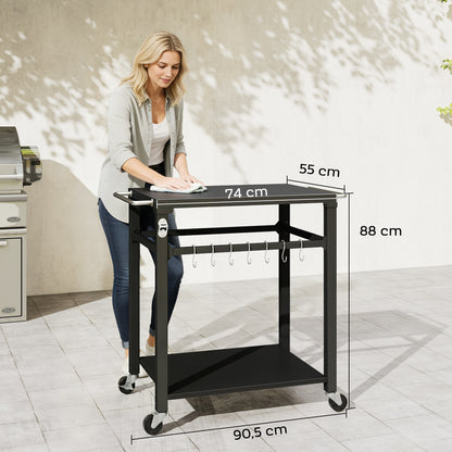 Outdoor Grill Cart — Pizza Oven Stand with Metal Worktop, 2-Tier Rolling Kitchen Station with Hooks, Handle & Locking Wheels, Black