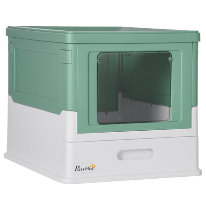 Covered Litter Box for Cats with Removable Hygienic Tray with Front Entrance and Top Exit with Scoop for Cats up to 5kg 47.5x35.5x36.7 cm Green and White