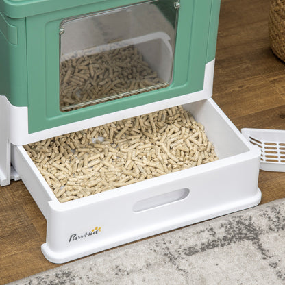 Covered Litter Box for Cats with Removable Hygienic Tray with Front Entrance and Top Exit with Scoop for Cats up to 5kg 47.5x35.5x36.7 cm Green and White